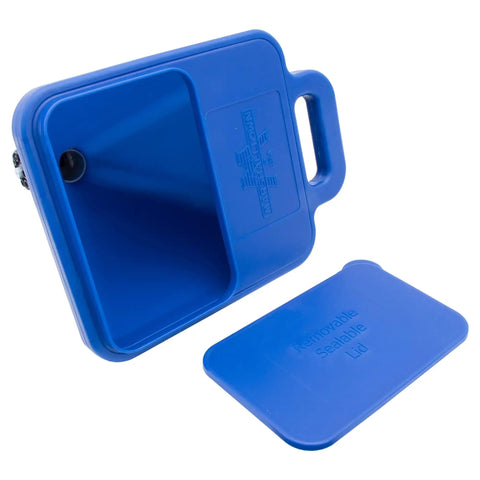 Top Shelf 2 Gallon Hopper Gun Paint Sprayer Featuring Slick Adjustable Nozzle And Quick 45 Degree Angle Adapter Soft Grip Trigger Smooth Flat Texturing For Drywall And Interior Floors in blue with removable lid.