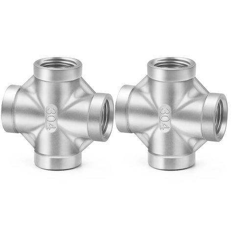 304 Stainless Steel Four Way Cross Pipe Fitting With Three Eighths Inch NPT Female Threads High Flow Leak Resistant Heavy Duty Connector 2 Pack
