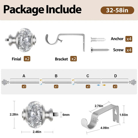 Telescoping Curtain Rod Set 32 To 58 Inches Adjustable 7 Eighth Inch Drape Rod For Windows 20 To 54 Inches Silver Package Contents