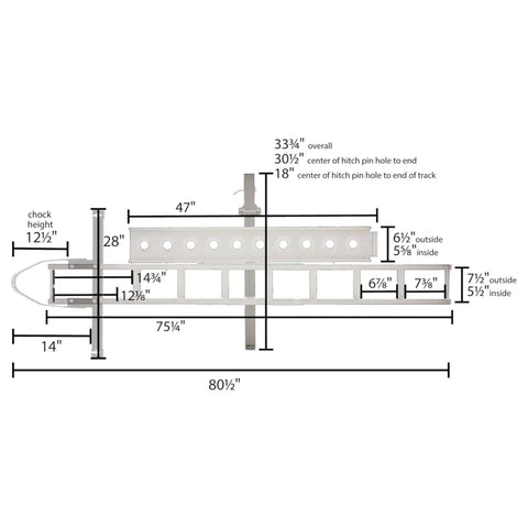 Diagram of Motorcycle Hitch Carrier With Wheel Chock And Loading Ramp, Beefy Aluminum Build, 400 Lb Capacity, measurements labeled