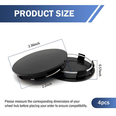 Product size details of Quartet Of Sleek Black Wheel Center Caps Crafted From Hella Durable Abs, showing dimensions 2.36 inch and 2.2 inch.