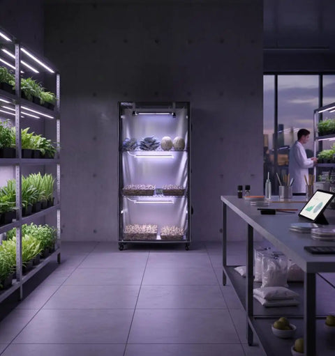 Indoor Mushroom Grow Tent Kit with T8 full spectrum light and shelves in a modern indoor setting, showcasing easy home mushroom growing.