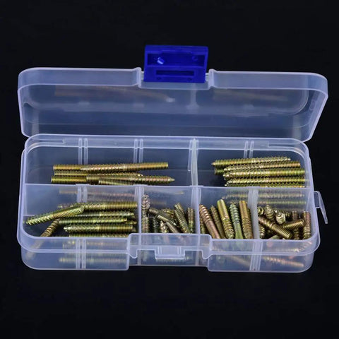 Top Shelf M4 Dowel Screw Set With 110 Zinc Plated Iron Double Ended Hanger Bolts in clear storage box.