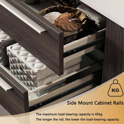 Heavy Duty 45mm Drawer Runners With Full Extension Drawer Slides Three Section Steel Ball Bearing Rails Side Mount 32 Inch Metal Runners In Silver Or Black Finish Supports 45 Kg Load Smooth Quiet Operation shown in cabinet installation.