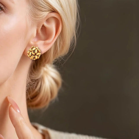 Sparkly Sequin Ball Stud Earrings For Women With 14K Gold Plated Sterling Silver Posts Delicate Woven Hollow Sphere Design That Reflects Light From Every Angle For Everyday Glam on ear