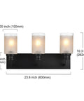 Dope Matte Black Three Light Bathroom Vanity Light With White Linen Glass Shades, dimensions labeled for size reference.
