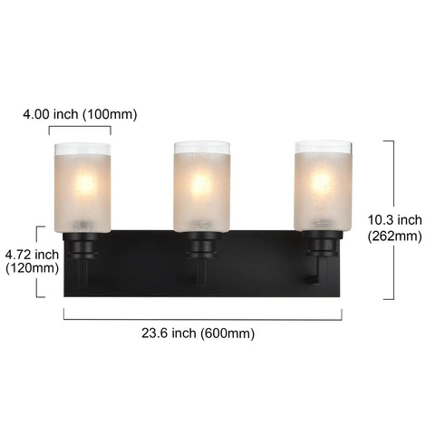 Dope Matte Black Three Light Bathroom Vanity Light With White Linen Glass Shades, dimensions labeled for size reference.