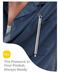 Pencil tire pressure gauge 2-pack, stainless steel body with valve caps, Amazon brand, shown in shirt pocket.