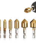 Countersink drill bit set, 6–19 mm, 1/4 inch hex shank, HSS gold-coated; six woodworking chamfer bits