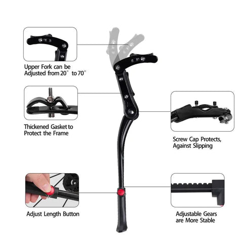 Rugged Mountain Bike Kickstand For 24 To 28 Inch Bikes, Adjustable Height 7 To 13 Inches, Quick Install Side Stand features diagram
