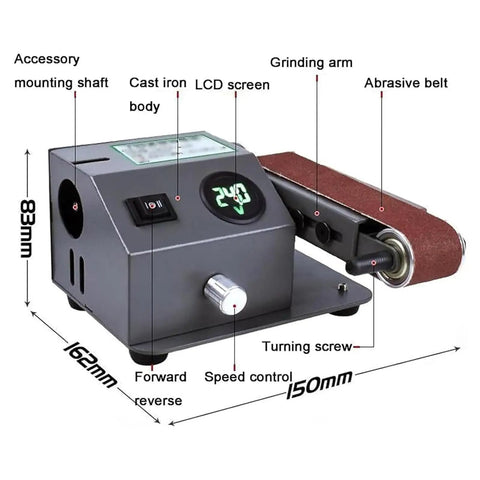 Mini Electric Wet Dry Bench Sander With Variable Speed Control Up To 13000Rpm And Lcd Display, showing cast iron body and abrasive belt.