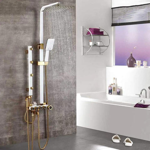 UMJIGF Luxury Shower System with Hot and Cold Water Shower Combo Set Multifunction 4 Handle Shower Faucet Set with Shower Head, Handheld Shower, Tub Spout, Bidet Sprayer Head, M, White and Gold featuring sleek design and multiple features.