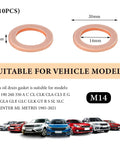 10 Pack 14mm Copper Oil Drain Plug Gaskets For Engine Seals And Oil Pan Crush Washers Replacement Kit High Temp High Pressure Leak Busting Automotive Sealing For Cars And Light Trucks, dimensions shown and compatible vehicle models depicted.