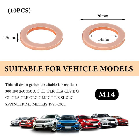 10 Pack 14mm Copper Oil Drain Plug Gaskets For Engine Seals And Oil Pan Crush Washers Replacement Kit High Temp High Pressure Leak Busting Automotive Sealing For Cars And Light Trucks, dimensions shown and compatible vehicle models depicted.