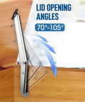Heavy Duty Lid Support Hinges With Soft Close Gas Struts For Cabinets showing adjustable 70-105 degree lid opening angles.