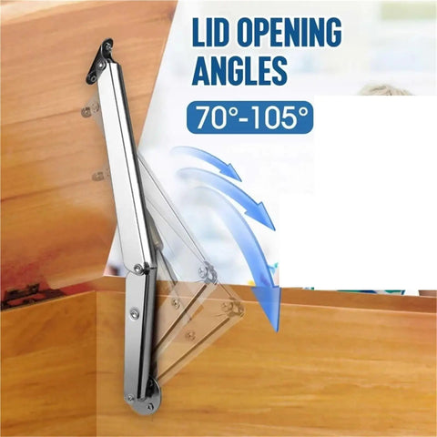 Heavy Duty Lid Support Hinges With Soft Close Gas Struts For Cabinets showing adjustable 70-105 degree lid opening angles.