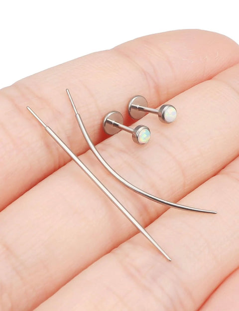 F136 Titanium Threadless Opal Flat Back Stud Earrings For Women, 20G 6mm Bar, Medical Grade Titanium shown on hand with tool