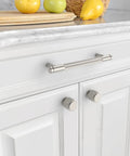 Heavy Duty Brushed Nickel Cabinet Knobs 6 Pack Satin Nickel Drawer Pulls installed on white kitchen cabinets