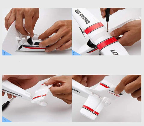 Hands assembling Dope RC Plane Remote Control Airplane 2.4Ghz 2 Channel DIY EPP Foam Glider Cessna 182 Style