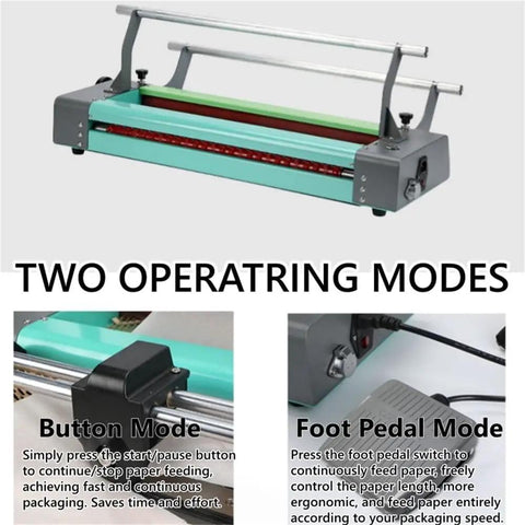 Electric Honeycomb Paper Roll Dispenser Built Tough For Cranking Out Packages Flawless Wrapping Paper Stretching Machine showing button and foot pedal modes.