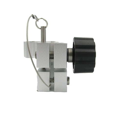 Pro Level Carbon Fiber Rod Adjustable Leveling Foot Featuring Built In Bullseye Bubble Gauge And Rock Solid Aluminum Base For Zero Guesswork Machine Alignment Easy Swap Design Classic White Version side view with black knob and aluminum base.