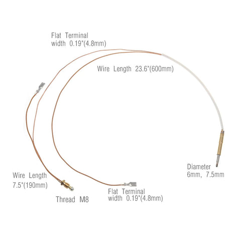 Thermocouple set for outdoor patio heaters, two-pack, 23.6 in copper wires with M8 thread and flat terminals.