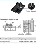 Diagram showing Black Plastic Adjustable Friction Positioning Torque Gate Hinge XK5112B 1 Pack with measurements and features.