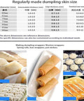 Zero Drama Automatic Dumpling Skin Maker And Stainless Steel Dough Press Reliable Kitchen Workhorse For Effortless Batch Cooking Smooth Operator Whips Up Perfect Wrappers Quick As A Flash Dumpling skin size chart with various diameter and thickness options.