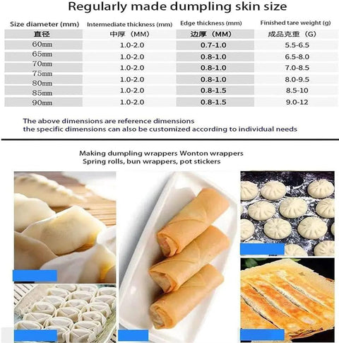 Zero Drama Automatic Dumpling Skin Maker And Stainless Steel Dough Press Reliable Kitchen Workhorse For Effortless Batch Cooking Smooth Operator Whips Up Perfect Wrappers Quick As A Flash Dumpling skin size chart with various diameter and thickness options.
