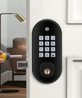 Slick Electronic Keypad Deadbolt For Wooden Doors Keyless Entry Security, installed on a wooden door with keypad visible.