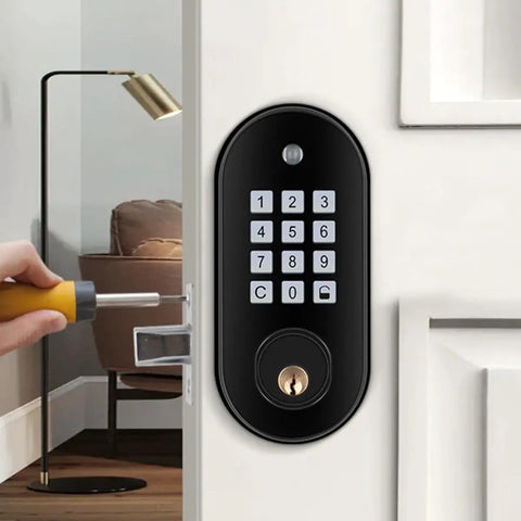 Heavy Duty Keyless Entry Door Lock With Bright Glowing Keypad Rock Solid Electronic Deadbolt installed on white door with screwdriver.