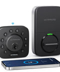 Ubolt Dope WiFi Smart Lock With Door Sensor And Built In Keypad Deadbolt For Front Door Remote Control Auto Lock Compatible With Alexa Google SmartThings Easy Install Matte Black next to smartphone.