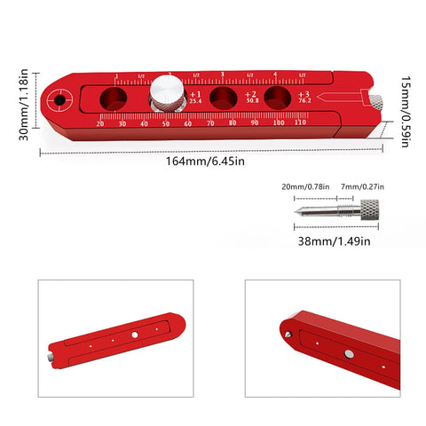Adjustable Radius Woodworking Compass Scriber with Aluminum Alloy Arc Head Fixed Point Circle Ruler, red tool dimensions