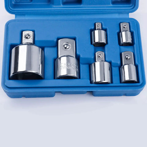 Versatile 6 Piece Socket Adapter Reducer Set Drives 1 4 To 3 8 And 5 16 Drive Conversion Kit For Tough Steel Ratchets And Impact Sockets Hardened Polished Non Rust Heavy Duty Garage Tools in blue case