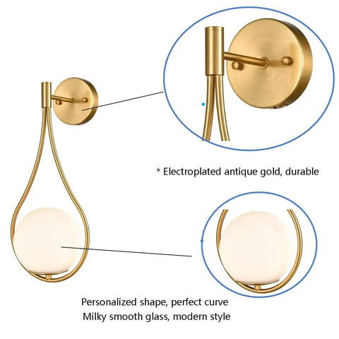 Lit Mid Century Modern Wall Sconces Set Of 2 With Globe Glass Shades in Antique Brass Finish, close-up of drop design