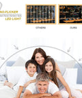 Happy family relaxing under no-flicker LED light comparison showing ST64 Vintage LED Bulbs 6W 60W Equivalent effect