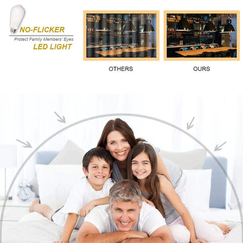 Happy family relaxing under no-flicker LED light comparison showing ST64 Vintage LED Bulbs 6W 60W Equivalent effect