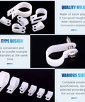 White Nylon R Type Cable Clip Wire Clamp Kit 135 Pieces in six sizes with screw close-up on black background.