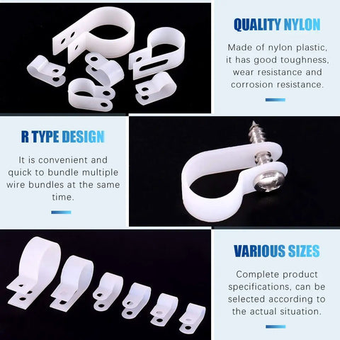 White Nylon R Type Cable Clip Wire Clamp Kit 135 Pieces in six sizes with screw close-up on black background.