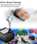 2 Pack Tiny But Mighty Submersible Water Pump 95 GPH 5W for Aquarium Fish Tank Pond showing quiet operation with baby sleeping