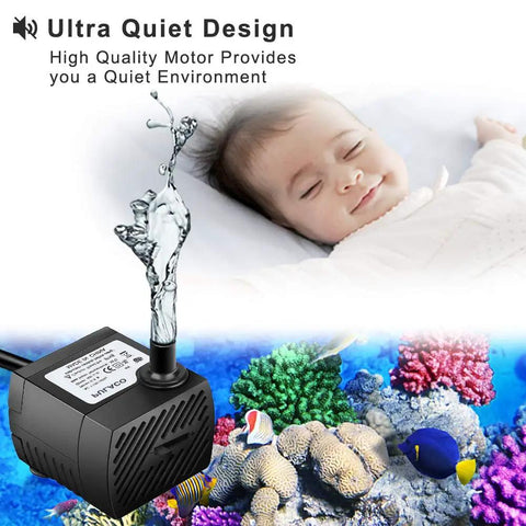 2 Pack Tiny But Mighty Submersible Water Pump 95 GPH 5W for Aquarium Fish Tank Pond showing quiet operation with baby sleeping