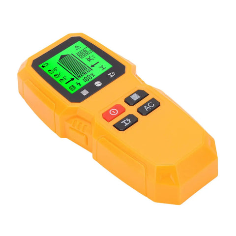GYZOUKA Wall Scanner Stud Detector for Wood Metal Live AC Wire Locating with yellow casing and green screen display.