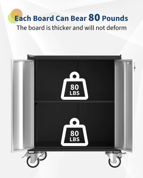 46 Inch Rolling Garage Storage Cabinet With Locking Doors showing open shelves supporting 80 lbs each, steel construction