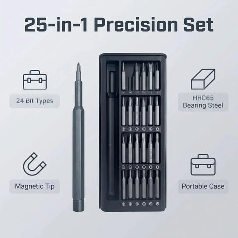 25 In 1 Precision Screwdriver Set For Electronics With Magnetic Handle And Anti Slip Grip Pro Grade CRV Steel Bits Displayed