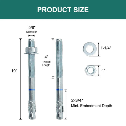 Tough As Nails Heavy Duty Concrete Wedge Anchors 5 8 Inch By 10 Inch 10 Pack Set dimensions including diameter, thread length, and washer sizes.
