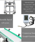 PU Inclined Wall Conveyor Belt showing adjustable height, speed control, aluminum frame, and green guardrail, 48x20 inches, 110V.
