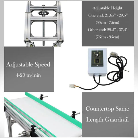 PU Inclined Wall Conveyor Belt showing adjustable height, speed control, aluminum frame, and green guardrail, 48x20 inches, 110V.