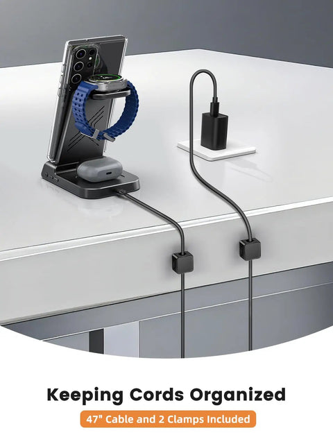 All In One 3 In 1 Wireless Charging Stand With Dimmable Clock And Nightstand Organizer For Galaxy Phones, Watches, And Buds on desk
