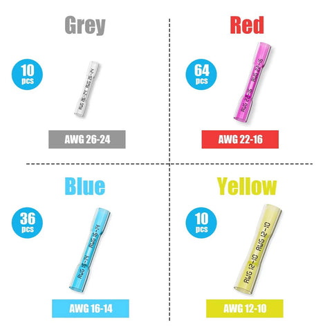 Image showing 120 Piece Heat Shrink Butt Connectors Kit for Automotive and Marine Wiring in AWG sizes 26-10, color-coded in four groups.