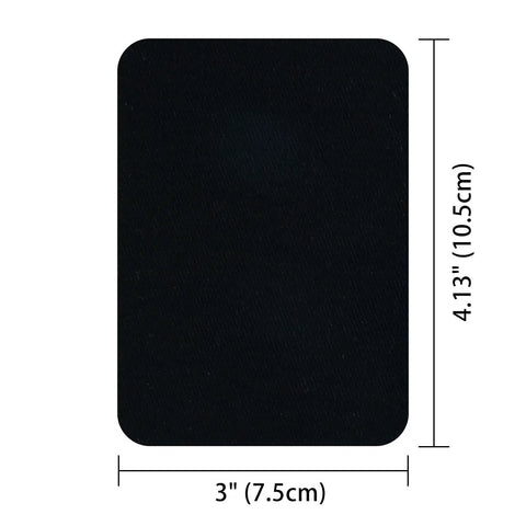 Iron On Fabric Repair Patches For Clothes Inside And Outside 6 Black Patches 3 X 4.25 Inches With Strong Hot Melt Adhesive Durable Cotton Front Easy No Sew Patch Up Denim Jackets And More, showing a single black patch with dimensions 3 x 4.13 inches.